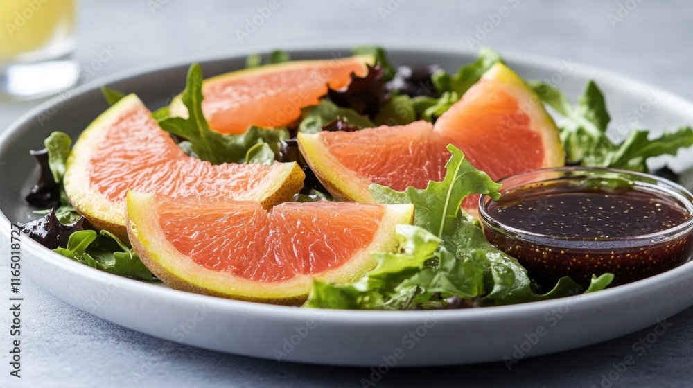 Fresh Salad with Grapefruit Slices and Dressing on a Gray Plate Fresh Salad with Grapefruit Slices and Dressing on a Gray Plate