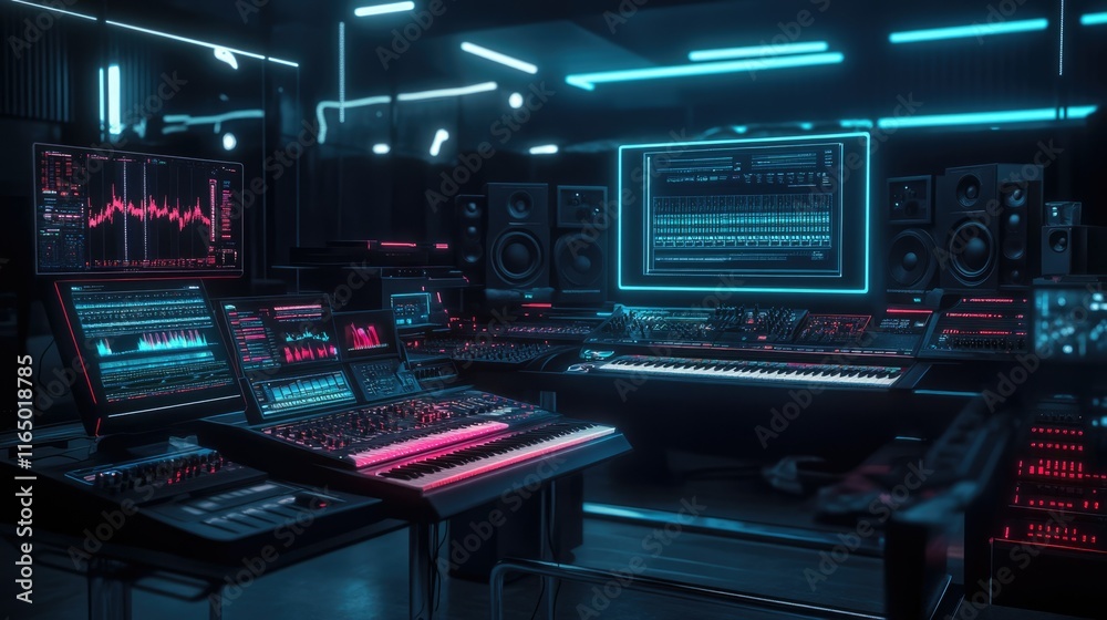 A futuristic studio with touch-screen interfaces, glowing controls, and a sleek, sci-fi inspired design. A futuristic studio with touch-screen interfaces, glowing controls, and a sleek, sci-fi inspired design.
