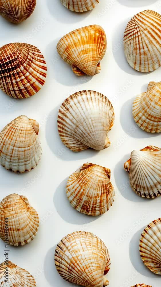 Collection of textured seashells displayed on a light background showcasing coastal diversity and natural beauty Collection of textured seashells displayed on a light background showcasing coastal diversity and natural beauty