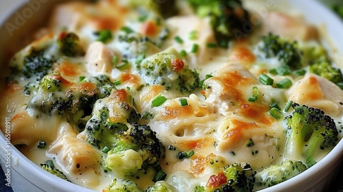 A creamy broccoli and chicken casserole topped with cheese and herbs, baked until golden.