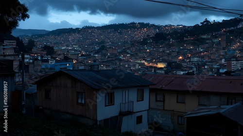 Darkened homes contrasting lit buildings in urban landscape, symbolizing disparity and the contrast between light and darkness in modern society