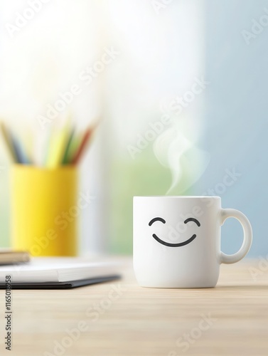 Cozy home drink cheerful mug with steam in bright kitchen