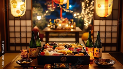 A festive setting with an open jubako of Osechi Ryori placed on a low traditional table, surrounded by sake bottles, decorative lanterns, and celebratory banners, bathed in soft warm light. --ar 16:9 photo