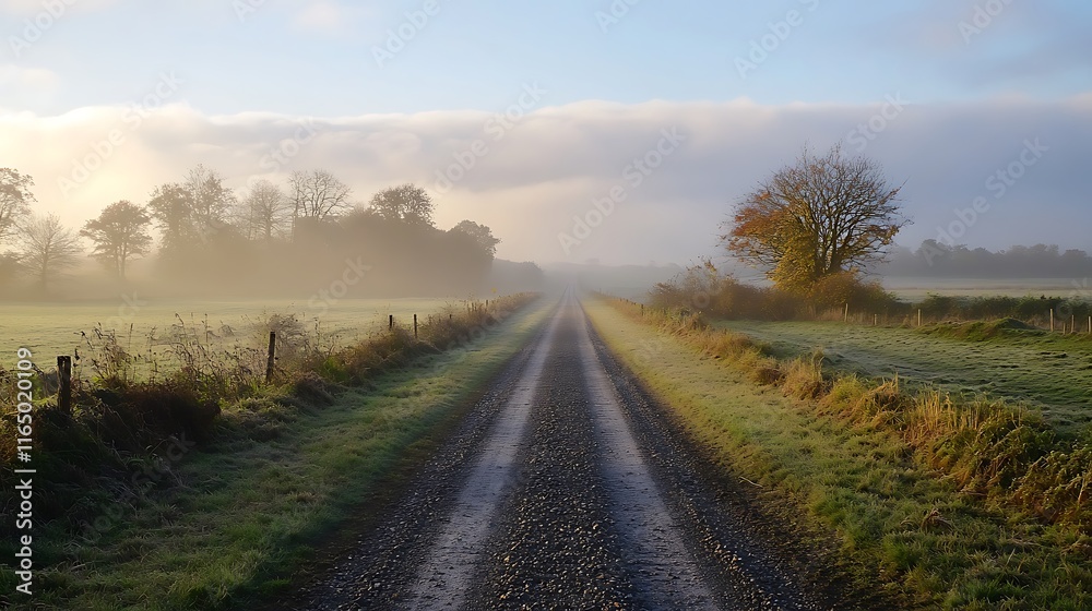 A misty morning scene of gravel-lined parallel tracks running through a serene countryside with light fog enveloping the area A misty morning scene of gravel-lined parallel tracks running through a serene countryside with light fog enveloping the area