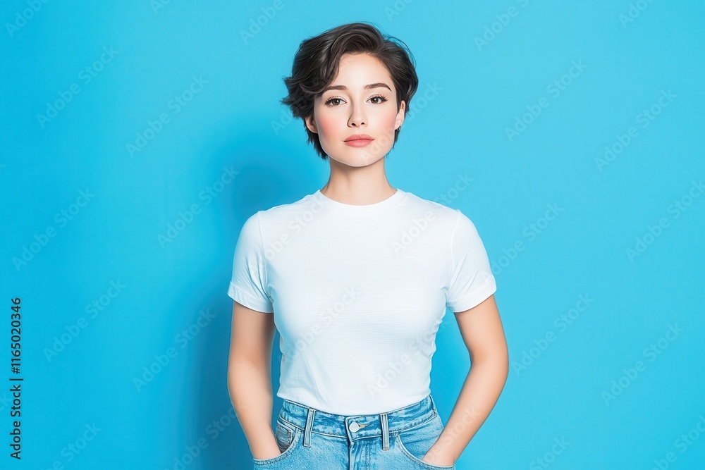 Casual portrait of woman in white shirt blue background studio Casual portrait of woman in white shirt blue background studio