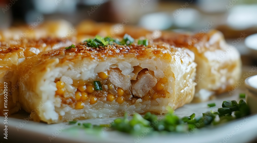 A high-detail macro shot of the inside of a Bánh Chưng slice, focusing on the golden mung beans, savory pork, and perfectly sticky rice, A high-detail macro shot of the inside of a Bánh Chưng slice, focusing on the golden mung beans, savory pork, and perfectly sticky rice,