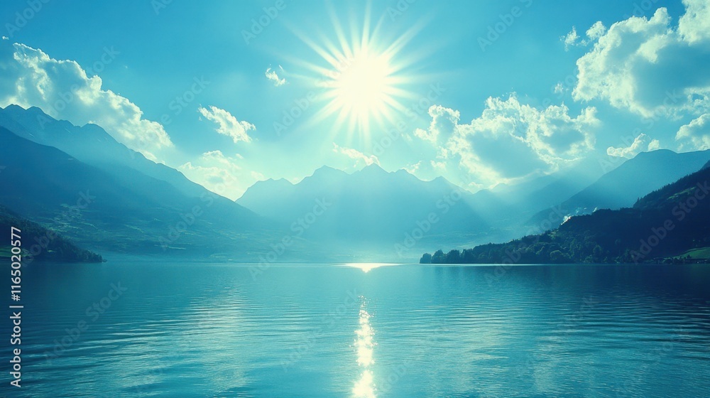 Serene Lake with Mountains and Bright Sunlight in Blue Sky