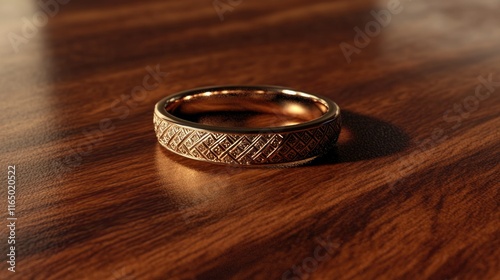 A sleek gold band with intricate engraved details, placed on a polished wooden surface under warm lighting.