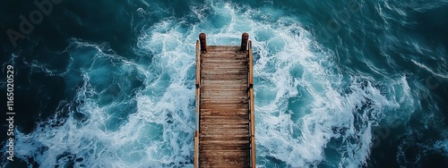 A diagonal composition of a pier stretching into the ocean, with waves breaking around the wooden posts below photo