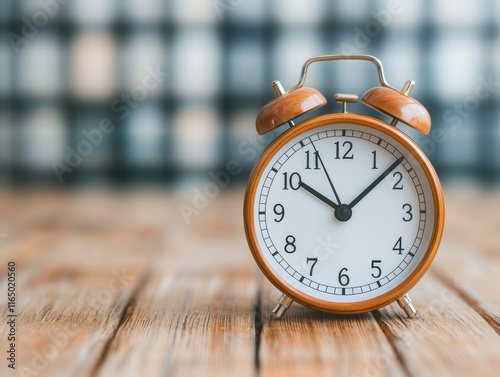 Retro alarm clock ticking on wooden table, showing time management and daily routine photo