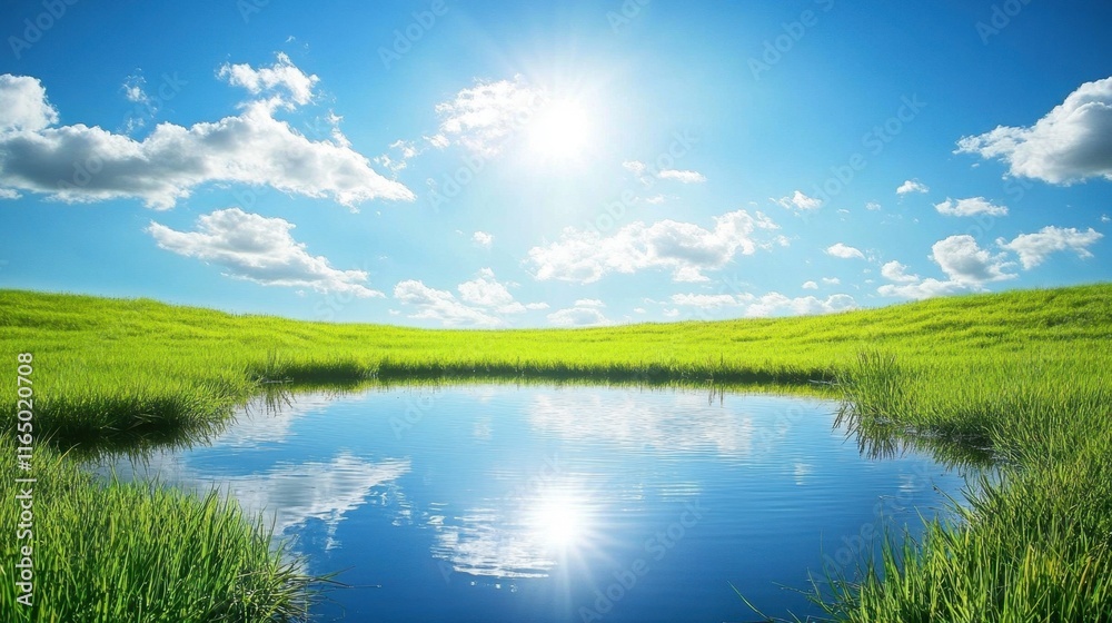 Serene Landscape with Clear Reflection in Water Under Bright Sky Serene Landscape with Clear Reflection in Water Under Bright Sky