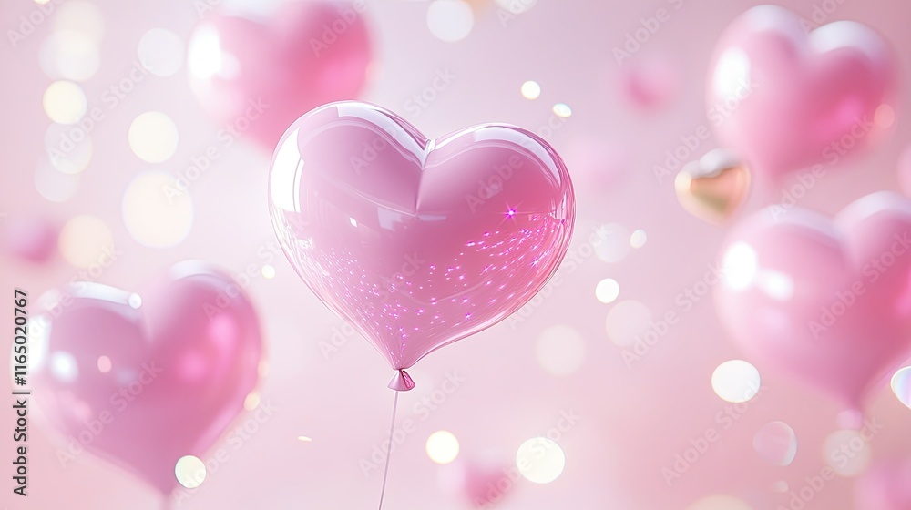 A soft pink background with floating 3D heart balloons and sparkles creating a dreamy atmosphere. A soft pink background with floating 3D heart balloons and sparkles creating a dreamy atmosphere.