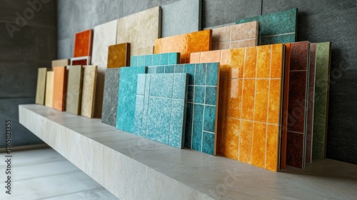 A vibrant assortment of mosaic floor tiles neatly arranged on a modern shelf with a minimalist backdrop.
