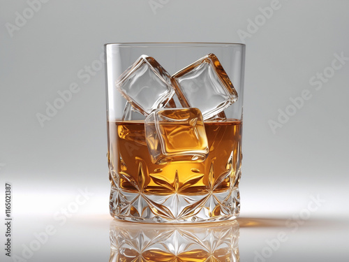 a short, elegant whiskey glass filled with amber-colored liquid and several ice cubes. photo