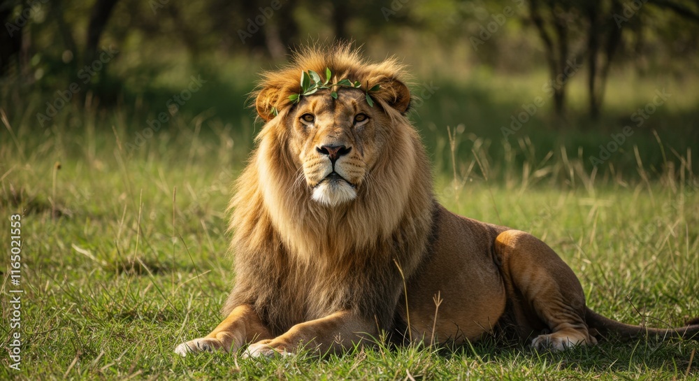 Majestic lion resting gracefully in lush savannah habitat Majestic lion resting gracefully in lush savannah habitat