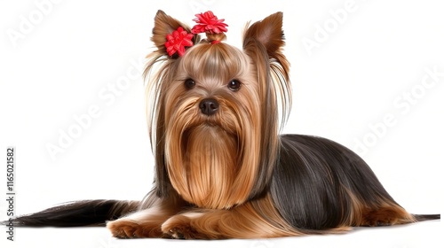 Charming Yorkshire Terrier with its silky smooth coat standing gracefully, showing its intelligent and alert eyes along with a cute little black nose photo