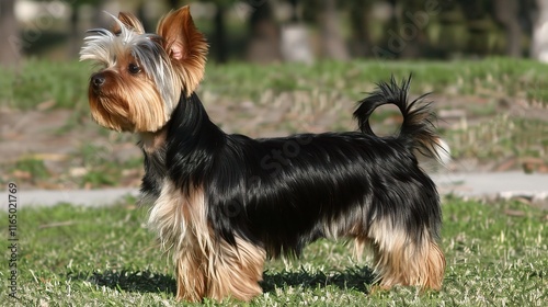 Charming Yorkshire Terrier with its silky smooth coat standing gracefully, showing its intelligent and alert eyes along with a cute little black nose photo