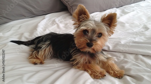 Charming Yorkshire Terrier with its silky smooth coat standing gracefully, showing its intelligent and alert eyes along with a cute little black nose photo