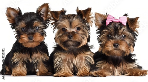 Charming Yorkshire Terrier with its silky smooth coat standing gracefully, showing its intelligent and alert eyes along with a cute little black nose photo