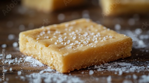 A macro shot of a single piece of Scottish shortbread, highlighting the crumbly texture and golden-brown color, with a sprinkle of sugar crystals glistening in the soft natural light. --ar 16:9 photo