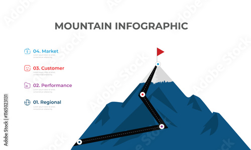 Mountain progression path. Climbing progress route, mountain peak overcoming, mountain climbing path with red flag on top vector illustration. Way path infographic,
