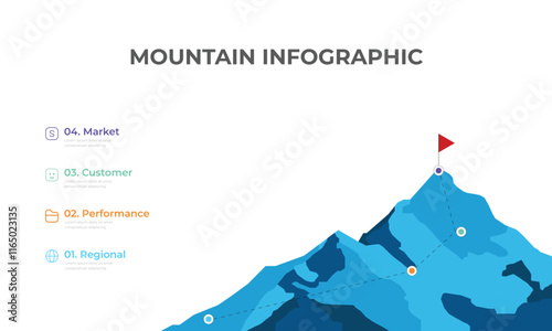 Mountain progression path. Climbing progress route, mountain peak overcoming, mountain climbing path with red flag on top vector illustration. Way path infographic,