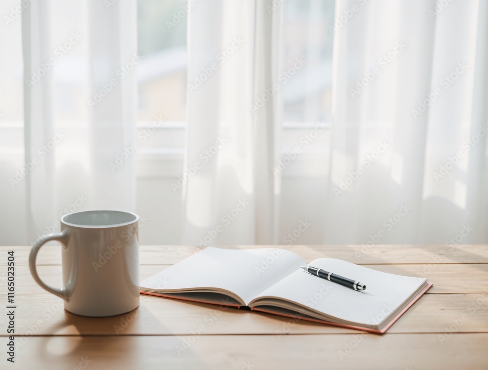A wooden desk with a white mug, a notebook, a pen. The notebook is open and the pen is resting on top of it A wooden desk with a white mug, a notebook, a pen. The notebook is open and the pen is resting on top of it