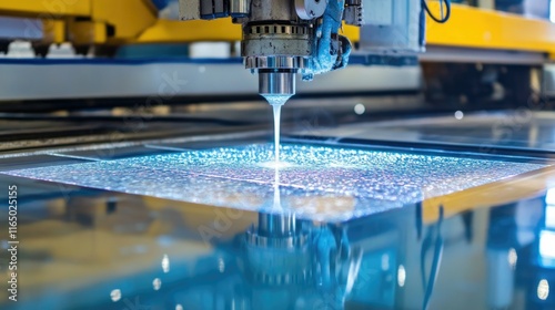 Vibrant ceramic tiles being cut into precise dimensions by advanced waterjet machines in a sleek production line.