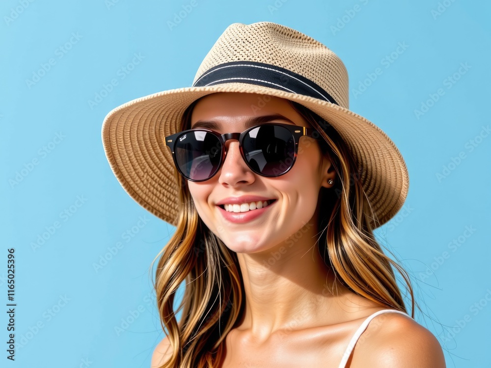 Fototapeta premium Happy Woman Summer Sunglasses Straw Hat Blue Background