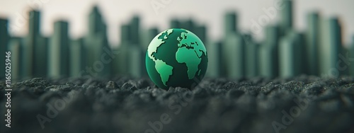 A green globe sits on a textured surface, with a blurred cityscape in the background, symbolizing environmental awareness and urbanization.Environmental protection, sustainable development, clean ener photo