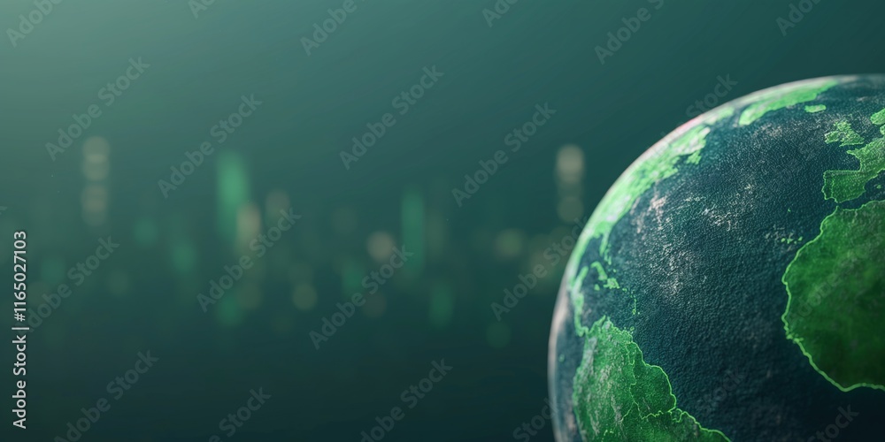 Fototapeta premium A close-up view of Earth, showcasing its vibrant blue oceans and green landmasses against a soft, blurred background of city lights.Environmental protection, sustainable development, clean energy