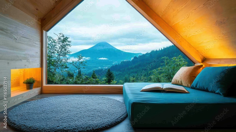Fototapeta premium A cozy attic bedroom with exposed wooden beams, a reading nook by the window, and a plush rug adding warmth to the space.