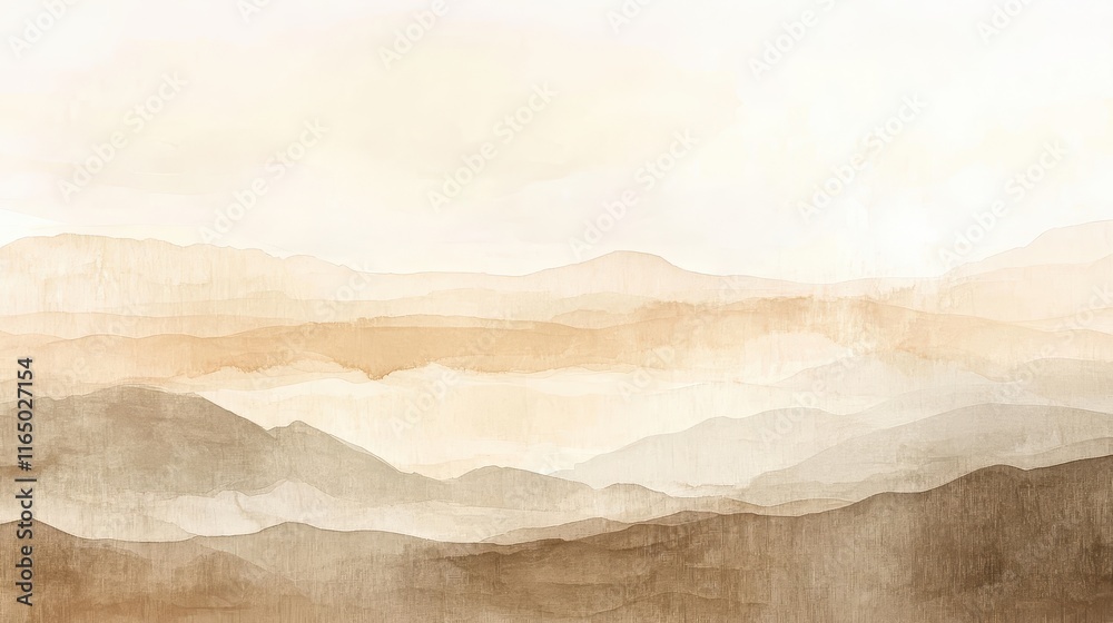 Fototapeta premium A serene watercolor landscape featuring soft earthy tones with gentle hills and a misty atmosphere, evoking tranquility and natural beauty.