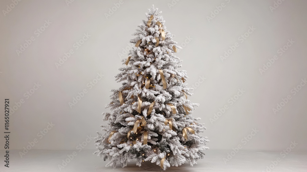 A Christmas tree adorned with delicate ribbons and golden lights, placed in front of a simple, neutral white backdrop, perfect for seasonal designs. A Christmas tree adorned with delicate ribbons and golden lights, placed in front of a simple, neutral white backdrop, perfect for seasonal designs.