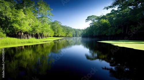 Serene river landscape reflecting lush greenery under a clear sky.