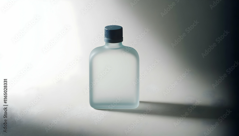 Cosmetic A rectangular frosted glass bottle with a dark blue cap, sitting on a textured light surface The lig3 Cosmetic A rectangular frosted glass bottle with a dark blue cap, sitting on a textured light surface The lig3