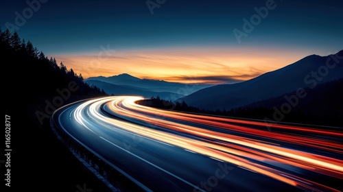 A long exposure capturing the light trails of cars speeding through a highway intersection at night, creating a mesmerizing web of light against the dark sky.