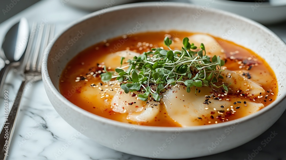 A modern twist on Tteokguk, served in a minimalist white bowl, with colorful garnishes like microgreens and a sprinkle of chili flakes, set on a marble countertop with elegant cutlery. --ar 16:9 A modern twist on Tteokguk, served in a minimalist white bowl, with colorful garnishes like microgreens and a sprinkle of chili flakes, set on a marble countertop with elegant cutlery. --ar 16:9