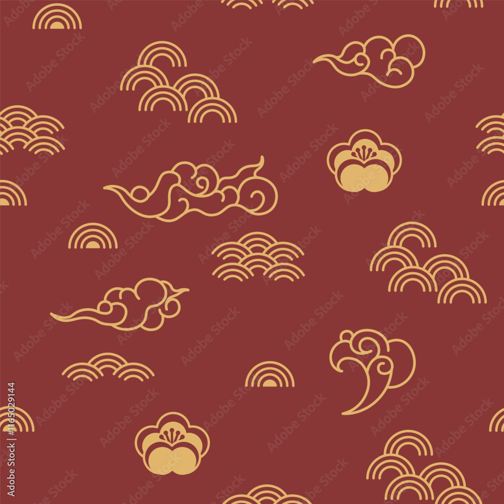 Asian Clouds Flowers Seamless Pattern Asian Clouds Flowers Seamless Pattern
