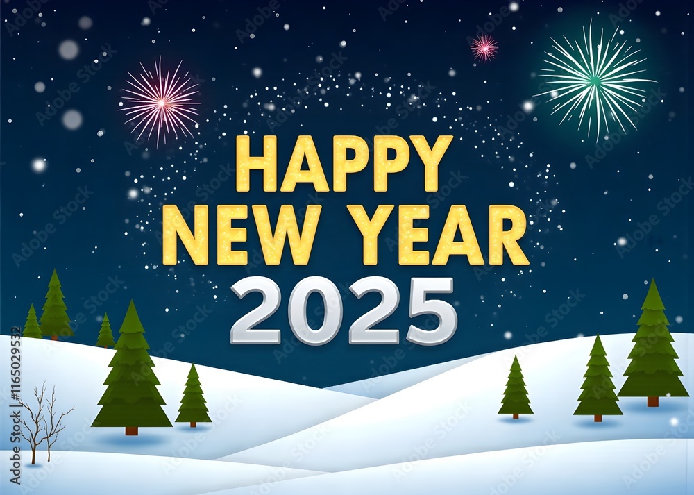 Naklejka premium Happy 2025 New Year greeting card with winter theme, snowflake, stars, and confetti on a navy background