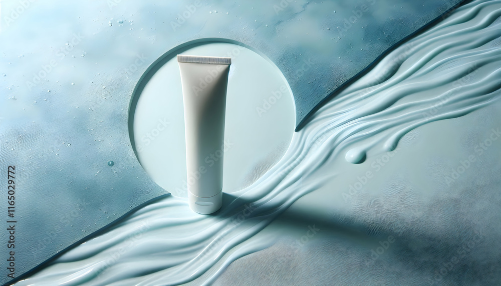 Cosmetic A plain white tube leaning slightly against a textured blue surface with subtle water ripples and so1 Cosmetic A plain white tube leaning slightly against a textured blue surface with subtle water ripples and so1