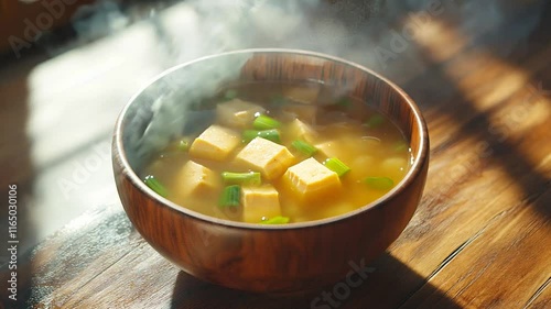 A collection of beautifully lit bowls of miso soup garnished with tofu cubes and fresh green onions, showcasing a warm and comforting Japanese culinary classic