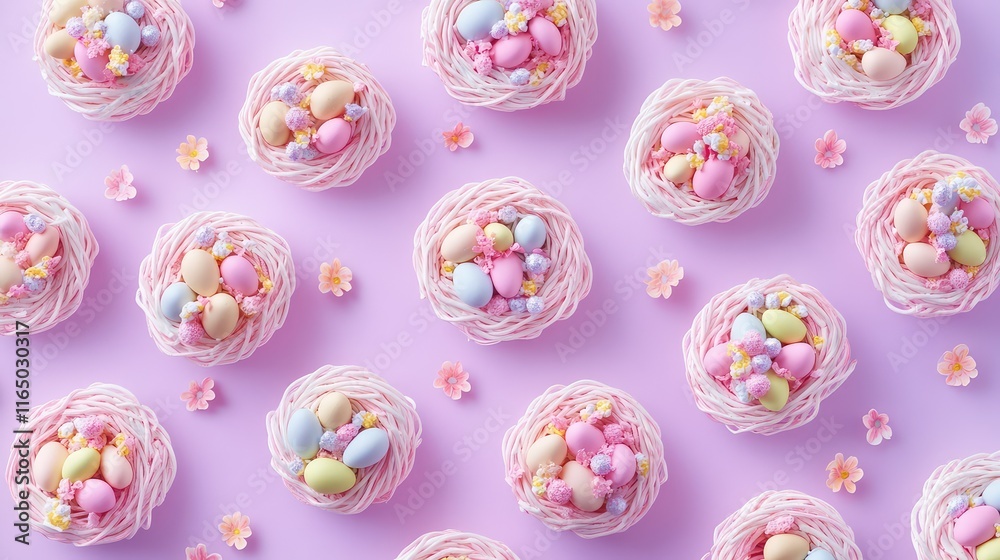 A flat lay of multiple small nests filled with candy eggs and decorated with tiny flowers, arranged on a pastel purple background. A flat lay of multiple small nests filled with candy eggs and decorated with tiny flowers, arranged on a pastel purple background.