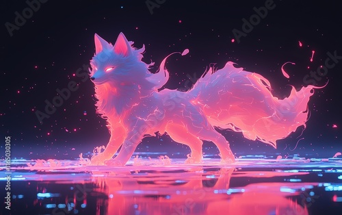 A luminous fox with a fiery tail embodies magic and mystique. Ideal for fantasy art, game characters, or book covers. photo