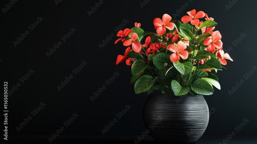 An artistic arrangement of red flowers with rich green leaves in a textured black vase, displayed against a dark, sophisticated background with copy space, creating a serene and aesthetic atmosphere. An artistic arrangement of red flowers with rich green leaves in a textured black vase, displayed against a dark, sophisticated background with copy space, creating a serene and aesthetic atmosphere.