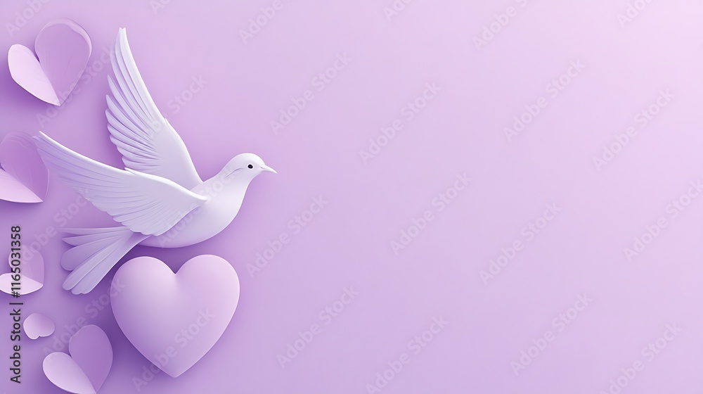 White Dove Soaring with Lavender Hearts Background White Dove Soaring with Lavender Hearts Background