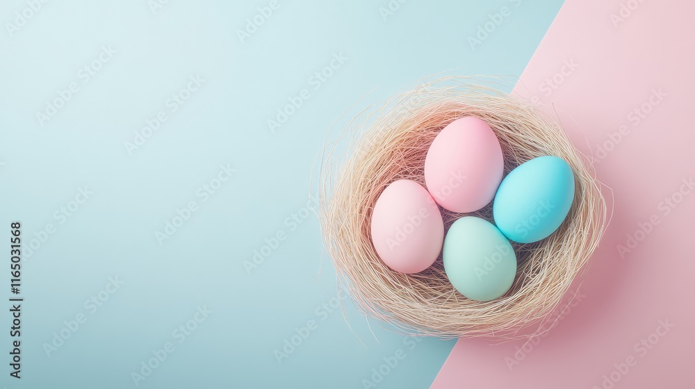 A modern Easter composition featuring a single pastel-colored nest with bright eggs, set on a smooth gradient background. A modern Easter composition featuring a single pastel-colored nest with bright eggs, set on a smooth gradient background.