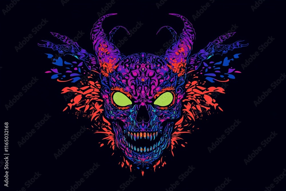 Fototapeta premium Neon demon skull with vibrant colors and intricate details, set against a dark background.