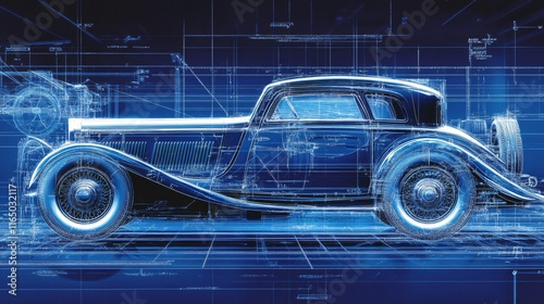 Blueprint style digital rendering of a classic car.