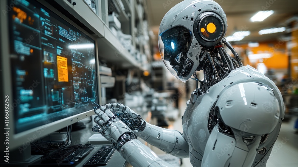 Fototapeta premium A humanoid robot interacting with a computer in a high-tech environment.